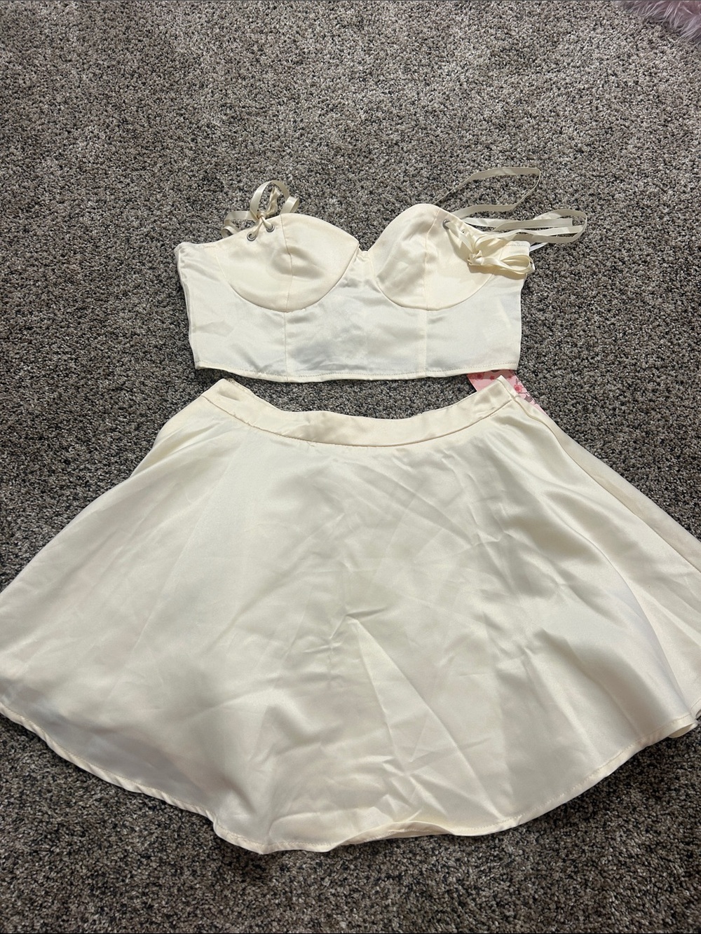 SHEIN Cream Satin Bustier Crop Top & Skater Skirt Set